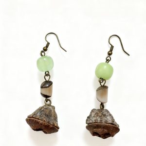 Original handmade earrings with green bodhi seeds and eucalyptus fruit
